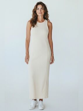 Athleta Cream Ribbed Sleeveless Dress Back Slit Size Small Minimalist